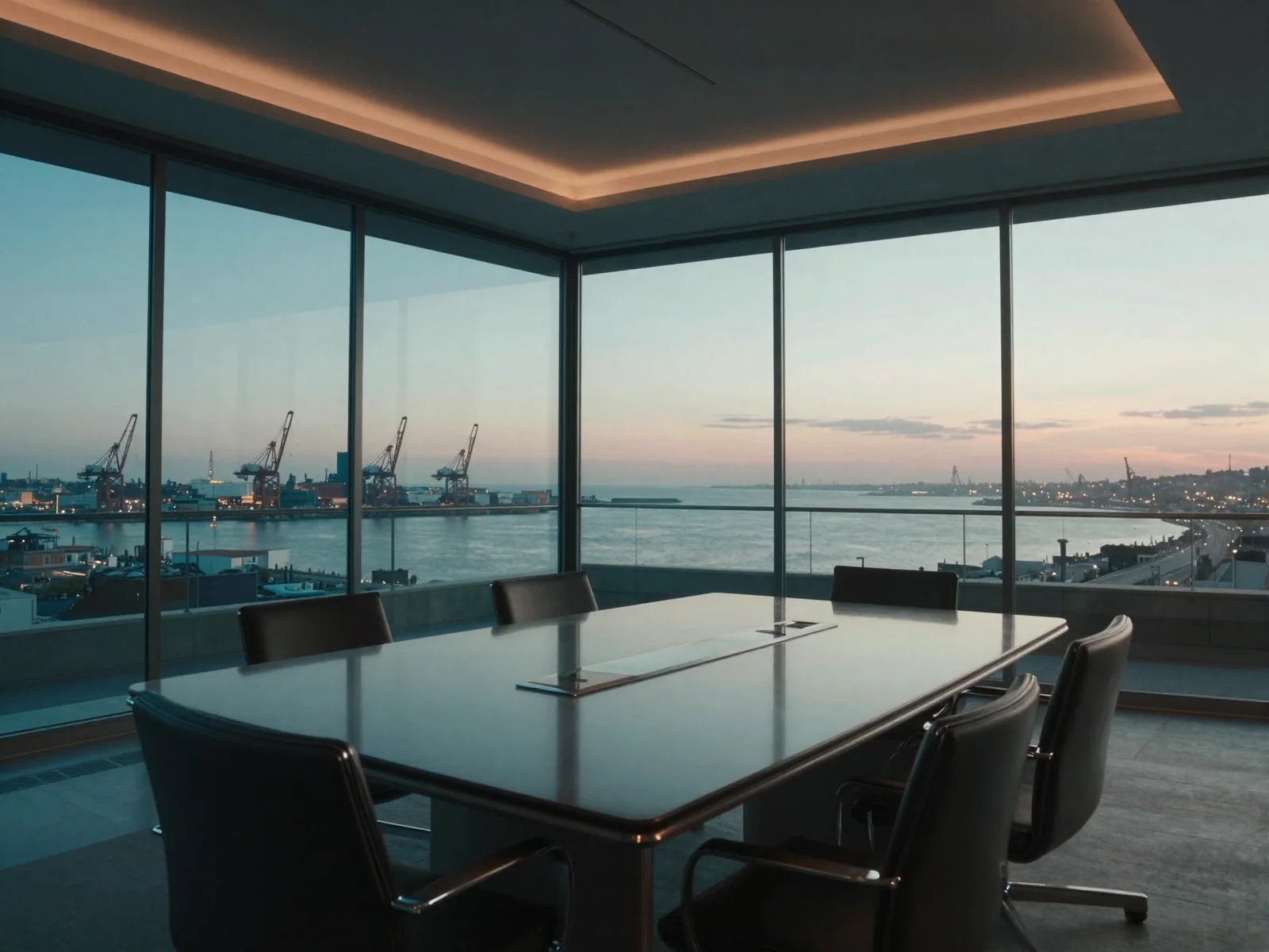 Modern conference room overlooking a working harbor
