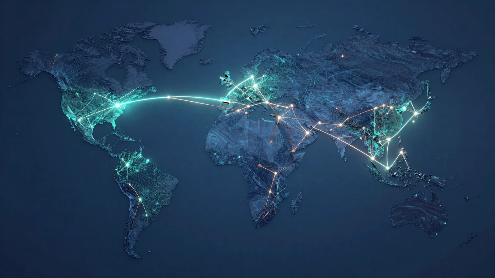 Glowing world map connected by trade routes